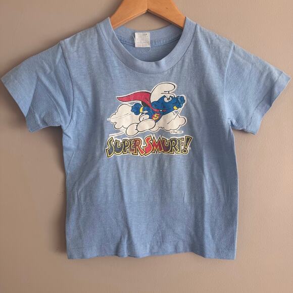 Vintage 80s Smurfs Super Smurf Blue T Shirt 1982 Youth Kids 7 - Picture 1 of 6